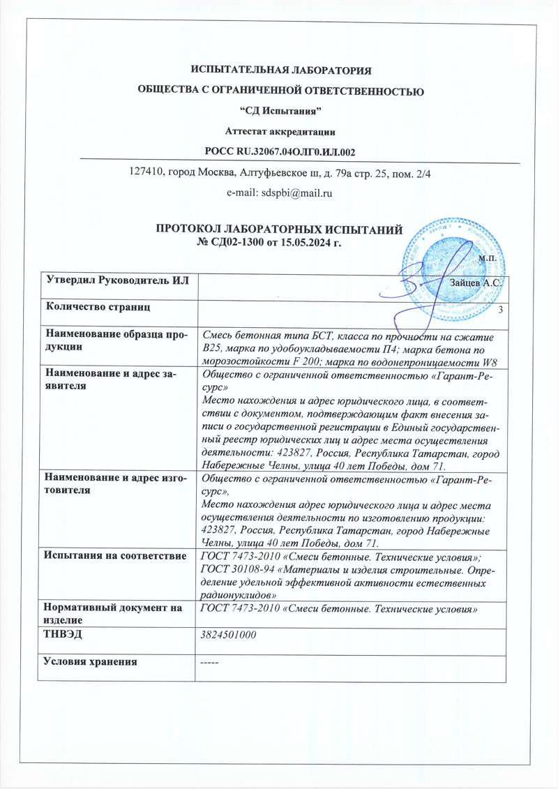 Протокол лабораторных испытаний бетона — документ 2