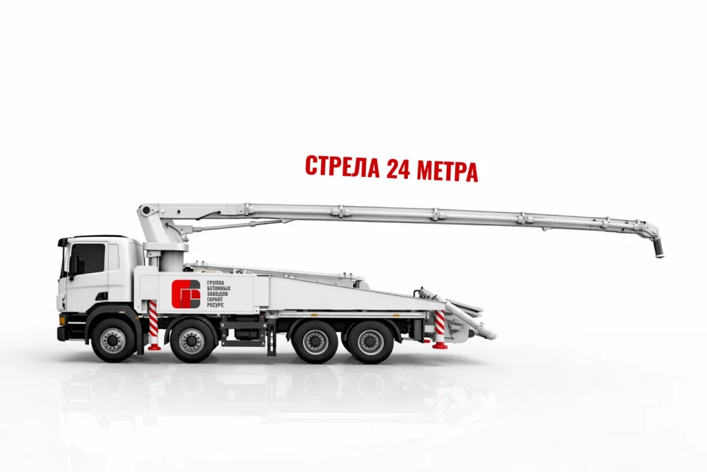 Автобетононасос со стрелой 24 м для подачи бетона на строительном объекте в Раменском